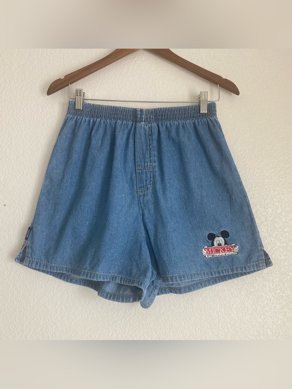 Vintage Mickey Unlimited embroidered elastic waist denim shorts, M